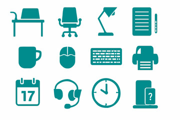 Teal Office Icon Set A Clean and Minimalist Collection of Essential Workplace Tools and Equipment in a Cohesive and Modern Design Perfect for Visual Communication
