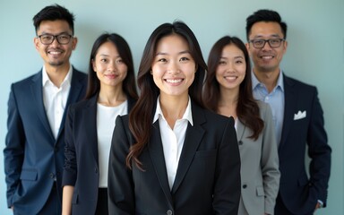 Confident Asian businesspeople in powerful poses, donning business suits, symbolizing a dynamic corporate team. Captivating unity and professionalism. generative AI. High quality
