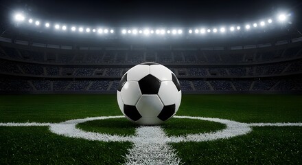 Obraz premium Soccer, Football, Ball, Soccer Ball on the Center Spot of an Empty Stadium at Night