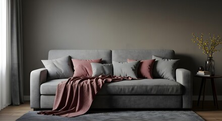 Sofa, Grey sofa, Couch, Modern Living Room Interior with Grey Sofa and Pink Throw