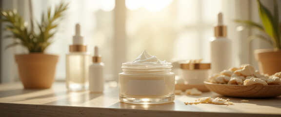 Natural skincare cream jar with beauty products on wooden table.