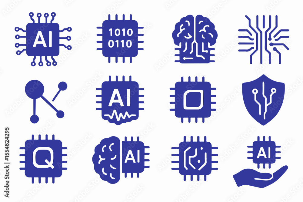 Poster collection of artificial intelligence and technology icons in blue featuring brains chips security s