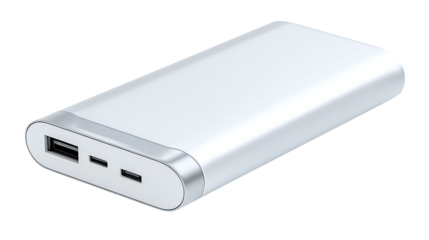 A slim, silver portable power bank with USB and USB-C ports sits in isolation on a seamless transparent background, ready for charging devices.