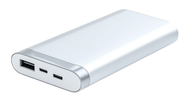 A slim, silver portable power bank with USB and USB-C ports sits in isolation on a seamless transparent background, ready for charging devices.