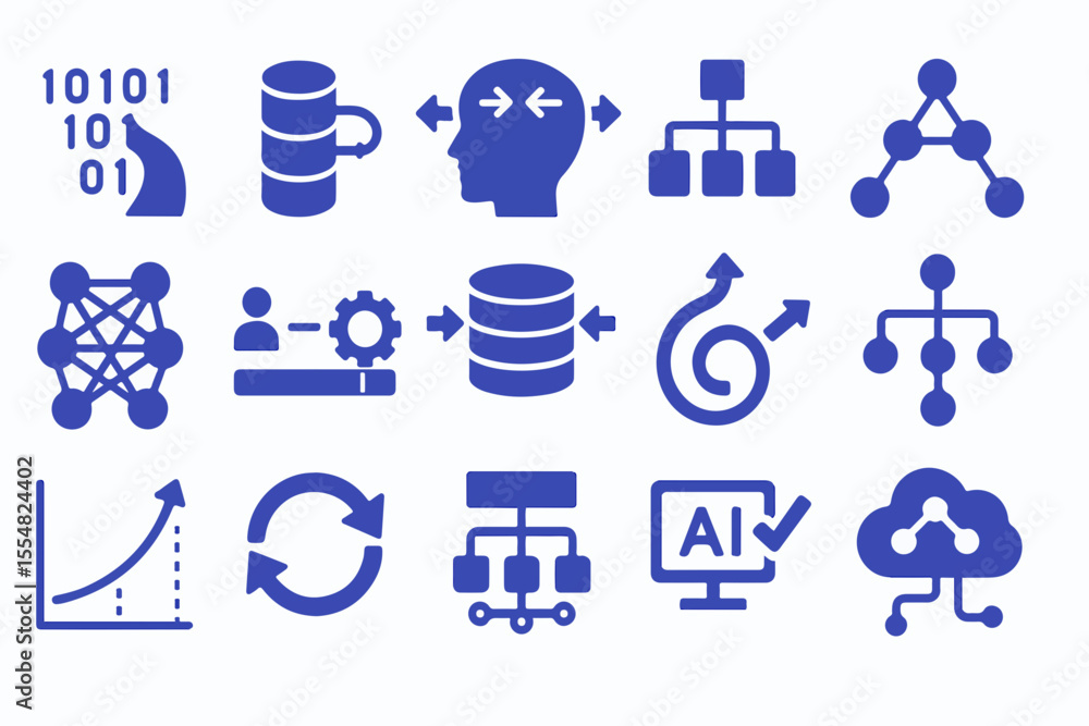 Poster a collection of blue icons representing artificial intelligence machine learning data science and re