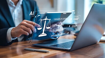 Person hands interacting with digital scales of justice on tablet laptop