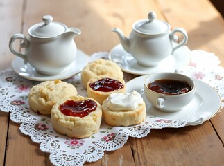 Fototapeta premium Afternoon Tea: A delightful presentation of freshly baked scones adorned with jam, cream, and served alongside a pot of tea, capturing a sense of cozy refreshment and traditional charm.