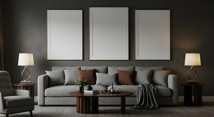 Modern, Living room, Interior, Modern living room interior with gray sofa and three blank frames