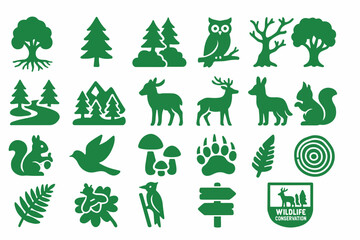 Green Wildlife and Nature Icon Set A collection of forest animals plants and symbols representing conservation including deer trees owls squirrels mushrooms and a wildlife