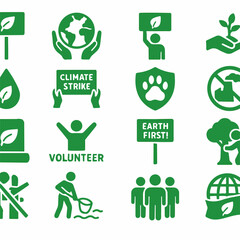 Green Environmental Icon Set A collection of sixteen different green icons representing various environmental themes including climate activism conservation volunteering and protecting the Earth all