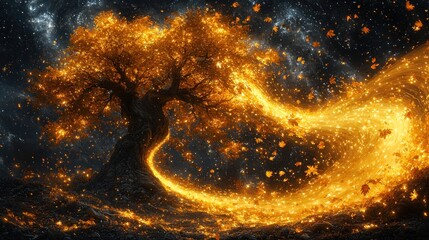 Glowing Autumn Tree: A Mystical Night Scene