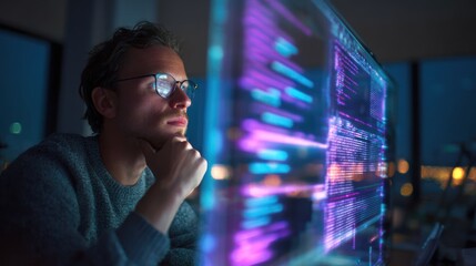 Man with glasses looks at a screen displaying code in a dark room.