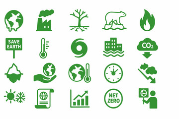 Green Climate Change Icon Set Depicting Global Warming Pollution Environmental Concerns and Solutions Like Net Zero Renewable Energy and Climate Activism for a Sustainable Future