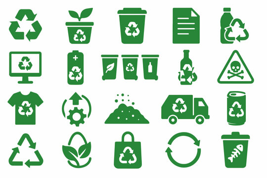 Set of green recycling icons featuring eco-friendly symbols like trees, water, and energy, designed for web and environmental use