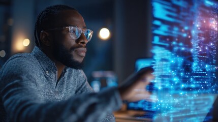 Man in glasses interacts with a futuristic blue glowing interface or screen.