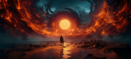pop surreal unreal silhouettes spiral towards Kraken ifrit, ai generatif