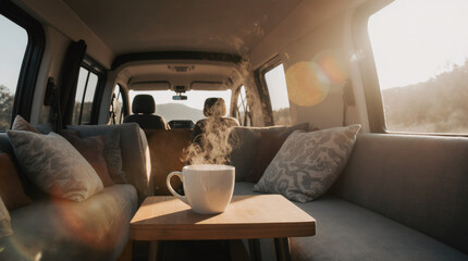 Camping Time Inside Comfortable Motorhome Interior. Stylish Self Made Camper Van Interior. Van Conversion Theme.