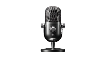 Vintage-style condenser microphone stands on a clean transparent background in a studio setting with soft lighting.