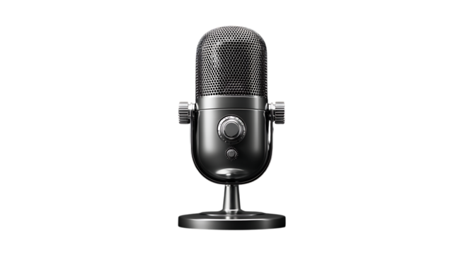 Streaming microphone pod-style isolated on transparent background mesh grille detail knob interface cleanly lit modern ultra-realistic rendering 