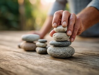 Close-up of hand stacking balanced stones on wooden surface outdoors, symbolizing mindfulness, balance, and inner peace