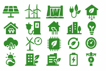 Green Energy and Sustainability Icon Set A collection of symbols representing renewable energy sources eco friendly technologies and environmentally conscious practices all depicted in a