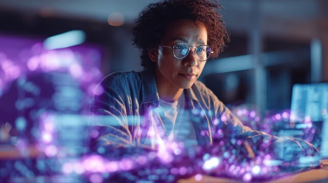 Woman with glasses working on complex technology with purple and blue lights. - Powered by Adobe