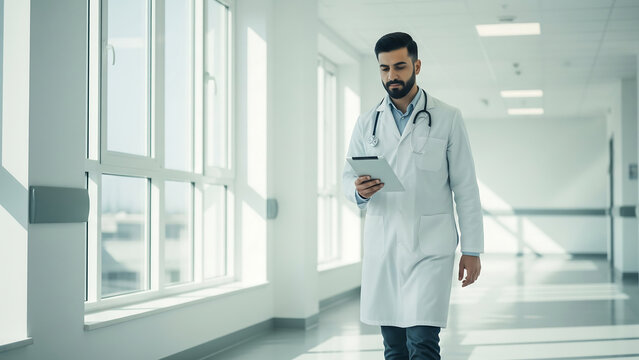Confident male doctor walking with tablet through bright hospital corridor, focused and professional