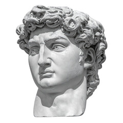 Close-up of a classical white marble sculpture of a man's face with detailed curly hair and a serious expression, reflecting ancient Greek art and craftsmanship