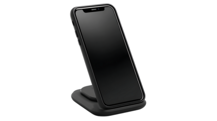 Wireless charging stand for phone isolated on transparent background sleek vertical design rubber base grip detail clean and sharp mockup 