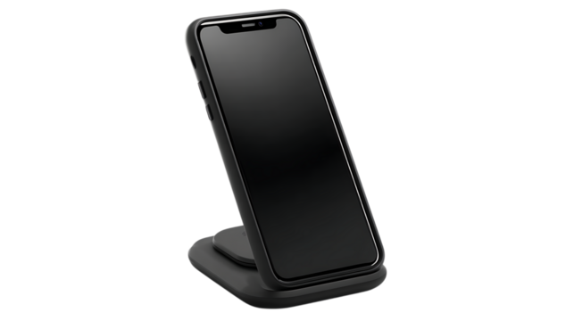 Wireless charging stand for phone isolated on transparent background sleek vertical design rubber base grip detail clean and sharp mockup 