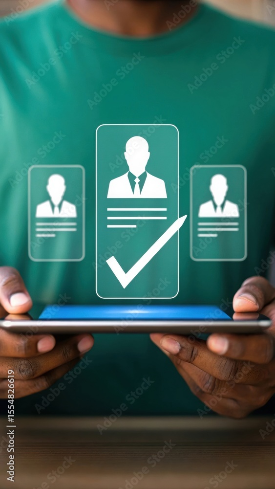 Poster digital recruitment selection hand using stylus on tablet with profile cards. modern business illust