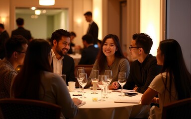 Diversify Asian seminar participants casual chat after successful conference event at lounge, ai generate. High quality