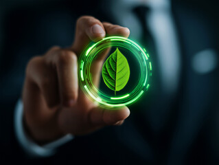 Man holding a glowing green leaf eco technology symbol