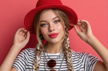 A young woman with blonde hair in pigtails wears red lipstick and holds her hands on the brim of a hat, smiling against pink background
