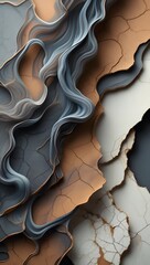 Abstract Gray, Beige, and White Cracked Texture with Swirling Fluid Forms; Elegant, Modern Design.