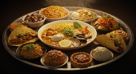 Diverse global cuisine dishes displayed on a large platter