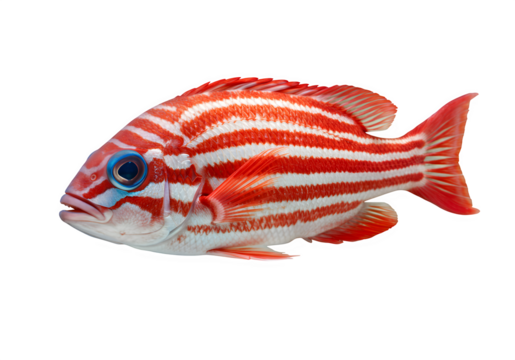 Fish with a blue eye and red and white stripes isolated on white or transparent background. PNG