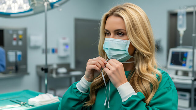 Blonde female doctor preparing for surgery, tying mask in sterile hospital prep room