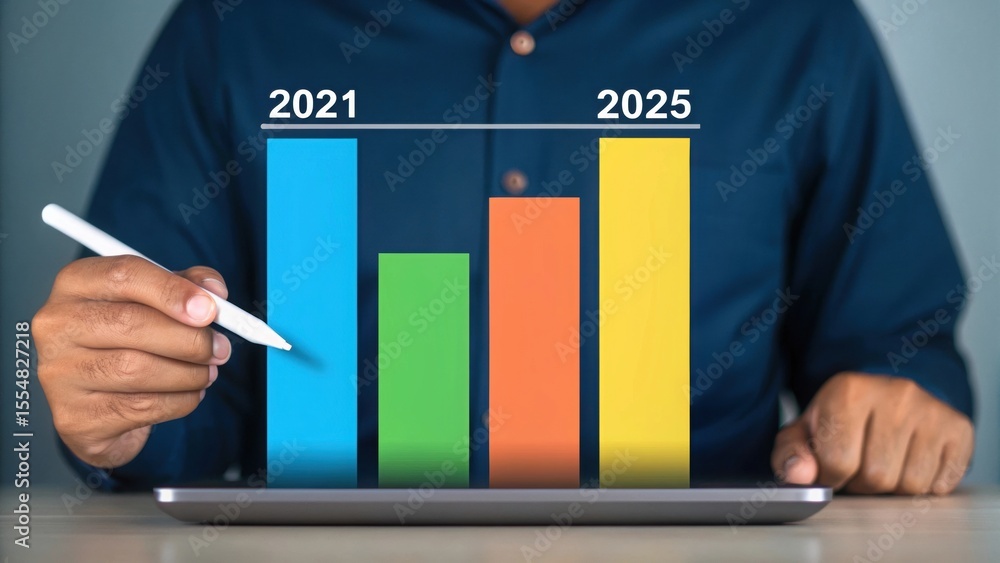 Poster virtual business growth analyzing trends with a projected bar graph. how to visualize data growth wi