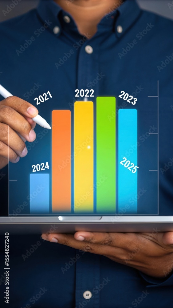 Poster virtual business growth analyzing trends with a projected bar graph. how to visualize data growth wi