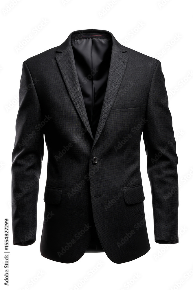 Poster stylish black blazer with a textured pattern, featuring a single button and two front pockets.