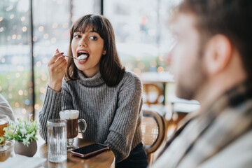 A young woman savoring a dessert at a warm and inviting cafe setting, surrounded by ambiance lighting, suggesting comfort and togetherness while spending time with friends.
