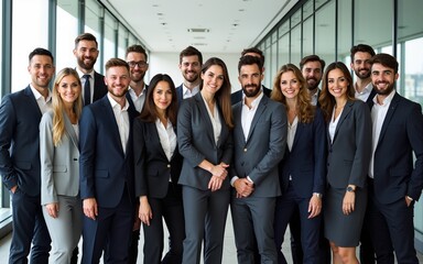 a show of unity, a row of Caucasian businesspeople poses for a group photo, showcasing their collective vision for the successful business corporation. generative AI. High quality