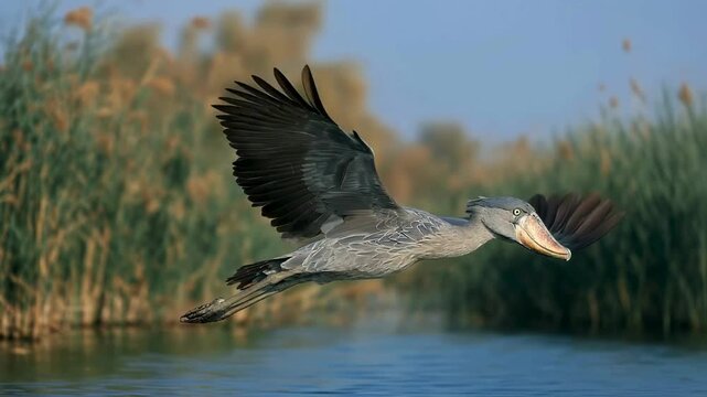 Shoebill Stork in Flight Over Water, African Wetland Bird