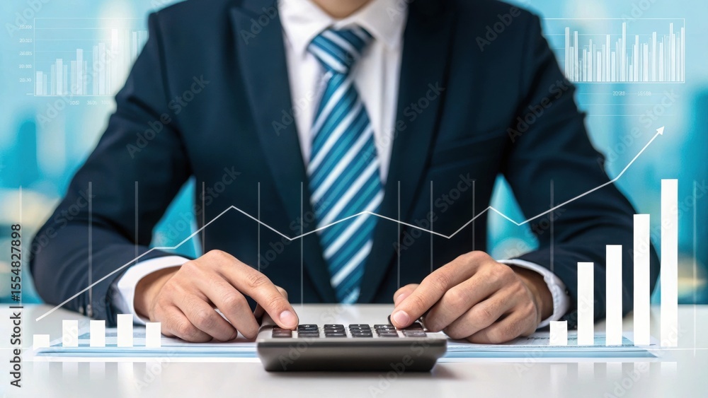 Poster business professional analyzing data calculator and financial graphs. hands working with calculator 