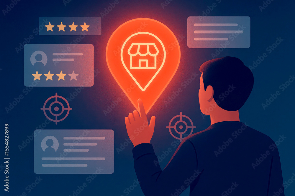 Poster person interacting with digital storefront location dataimage