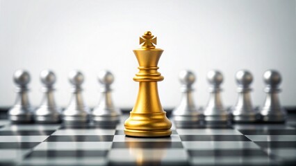 Golden King Chess Piece Leadership and Strategy in Close-Up. Chessboard with Metallic Gold and Silver Chess Pieces. Elegant Chess Game Focus on Golden King and Depth of Field.