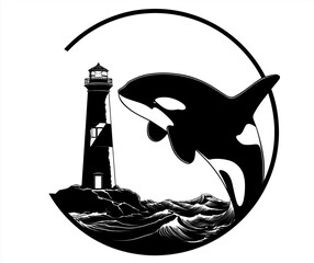 A simple logo, vector art of an orca and lighthouse in the ocean, black and white, circular design, pencil drawing style