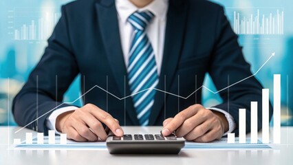 Business Professional Analyzing Data Calculator and Financial Graphs. Hands Working with Calculator and Digital Charts Business Concept. Corporate Financial Analysis with Overlay Graphs and Cityscape.