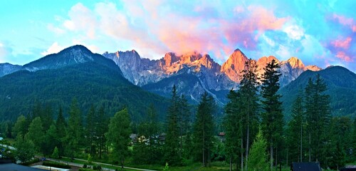 Slovenia - panoramic view from the village of Gozd Martuljek to the top of Mount Špik in the...